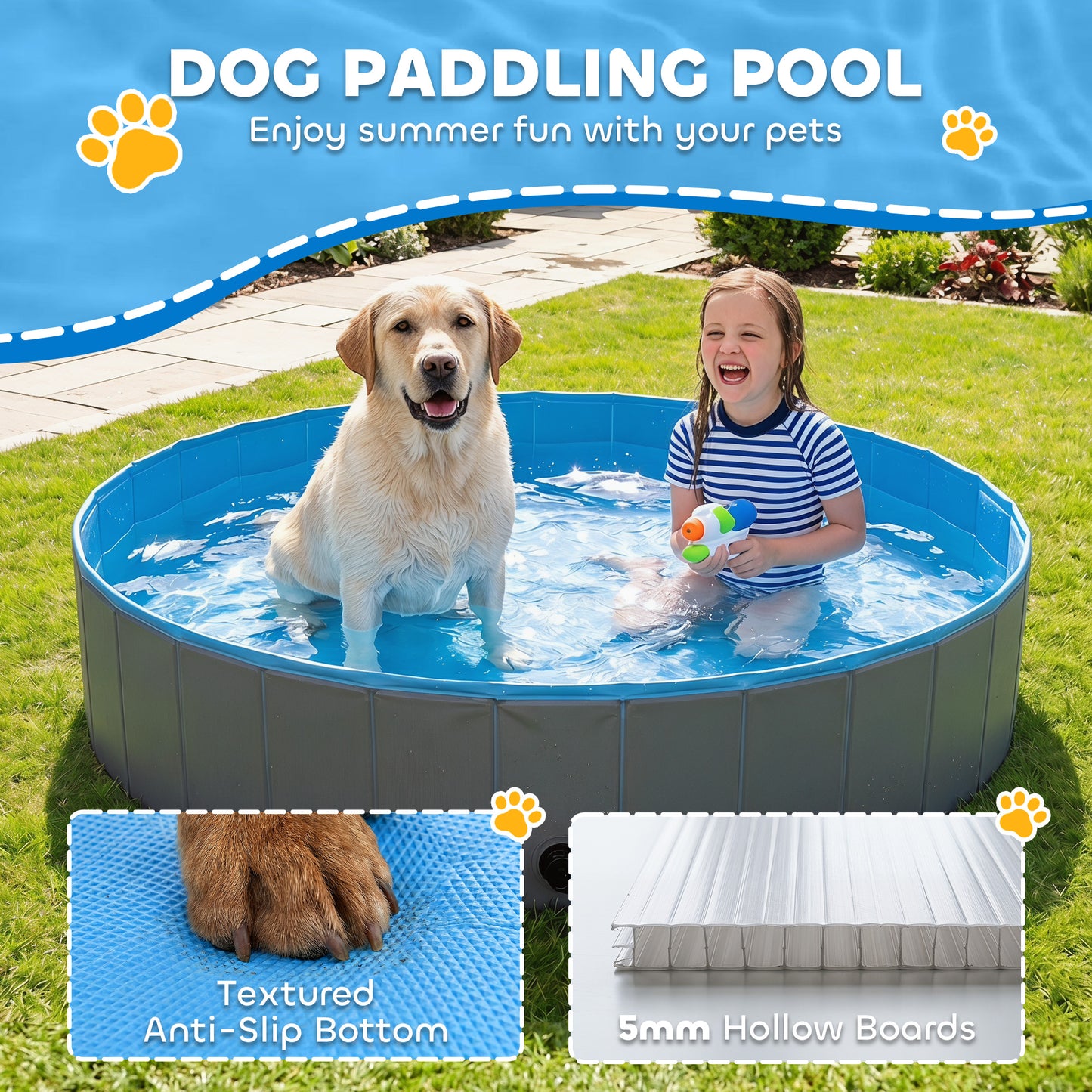Foldable Dog Pool for Puppies and Ducks, Thickened PVC Dog Paddling Pool Bath Tub Hard Board, Anti-Slip Bottom and Hose Adapter for Easy Drainage, 160 x 30cm, Blue and Dark Grey