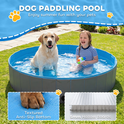 Foldable Dog Pool for Puppies and Ducks, Thickened PVC Dog Paddling Pool Bath Tub Hard Board, Anti-Slip Bottom and Hose Adapter for Easy Drainage, 160 x 30cm, Blue and Dark Grey
