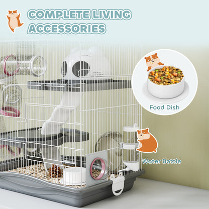 3-Tier Hamster Cage, Gerbil Cage with Exercise Wheel, Tunnel, Water Bottle, Food Dish, Hut, Ramp, for Dwarf Hamsters, 45 x 30 x 45 cm, Grey