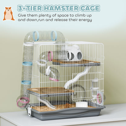 3-Tier Hamster Cage, Gerbil Cage with Exercise Wheel, Tunnel, Water Bottle, Food Dish, Hut, Ramp, for Dwarf Hamsters, 45 x 30 x 45 cm, Grey