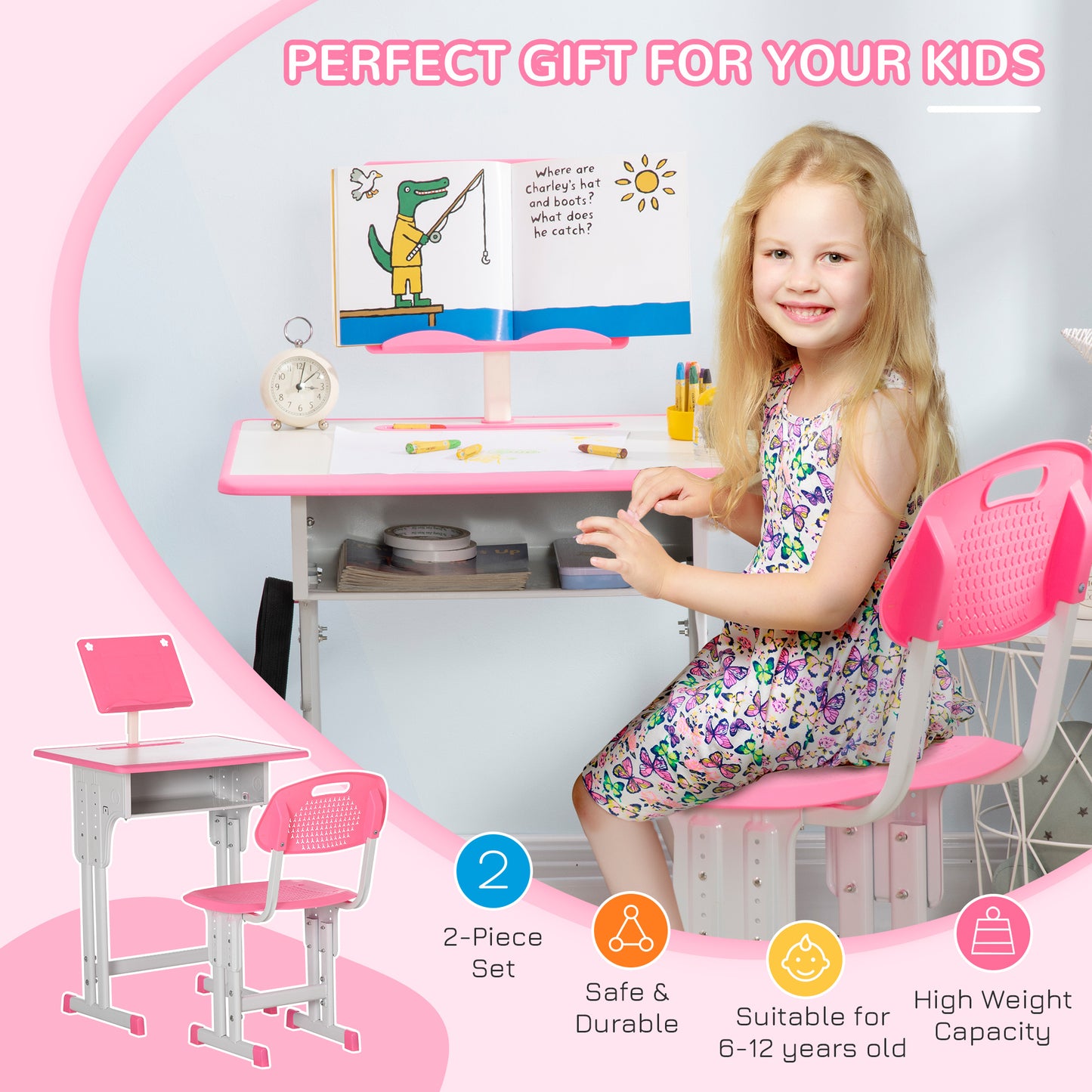 Kids Desk and Chair Set w/ Drawer, Book Stand, Pen Slot, Pink