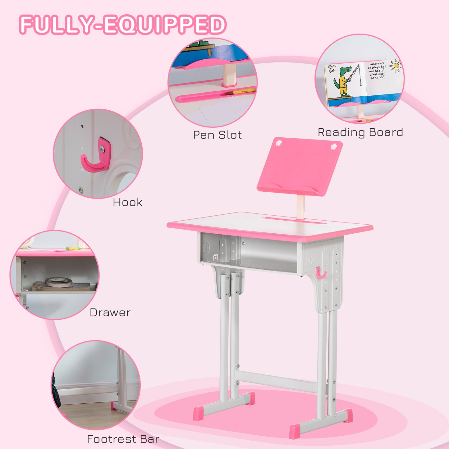 Kids Desk and Chair Set w/ Drawer, Book Stand, Pen Slot, Pink