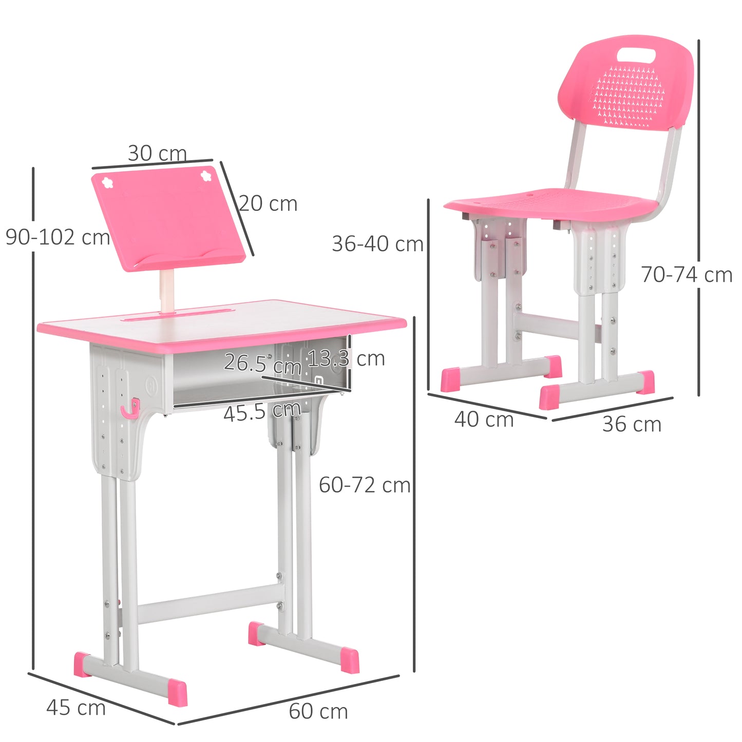 Kids Desk and Chair Set w/ Drawer, Book Stand, Pen Slot, Pink