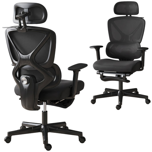 Ergonomic Office Chair, Mesh Desk Chair with 3D Armrests, Rotatable Headrest, Adjustable Lumbar Support, Coat Hanger, Recliner Computer Swivel Chair with Footrest for Home Office, Black