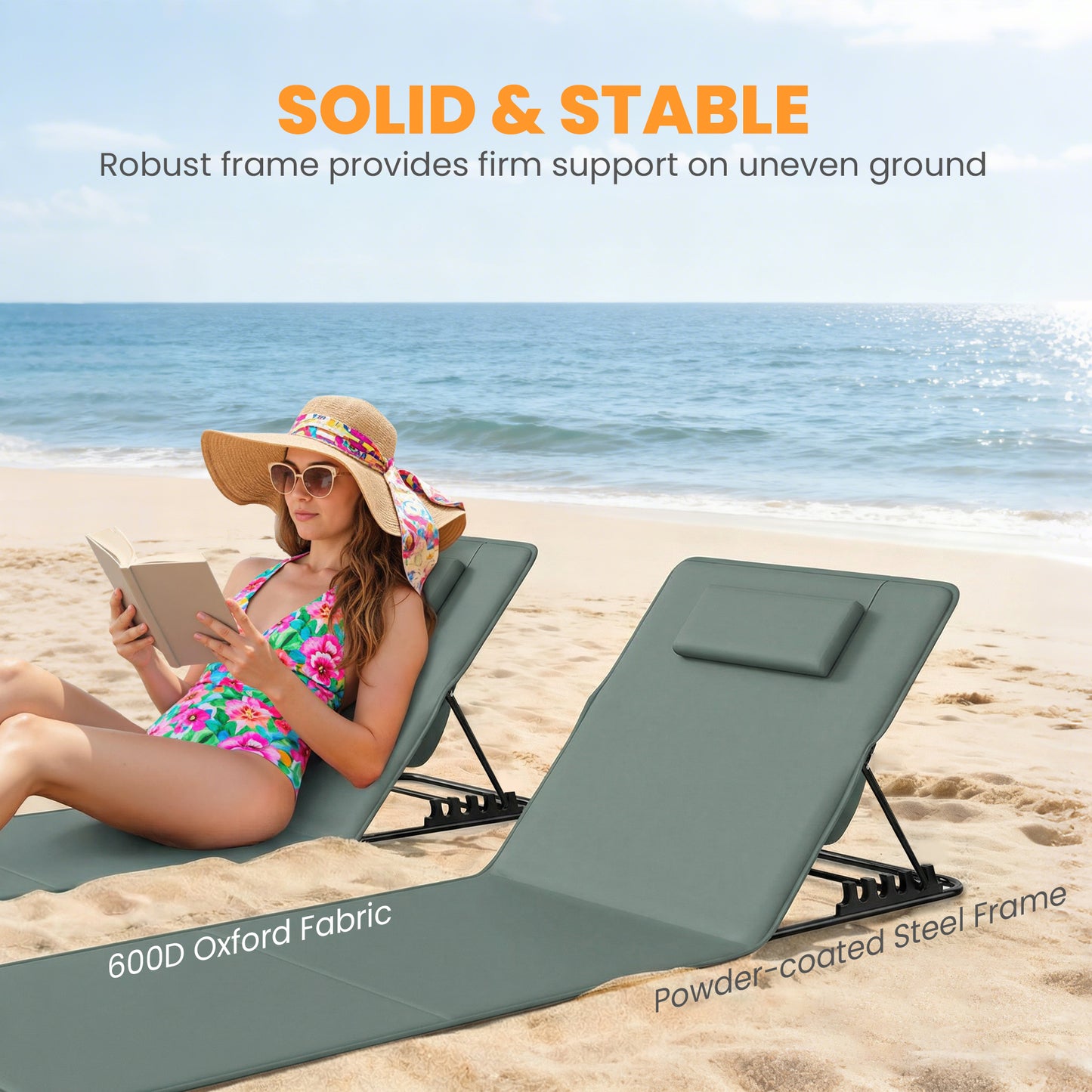 2 Pcs Foldable Sun Loungers, Beach Lounger with Adjustable Back