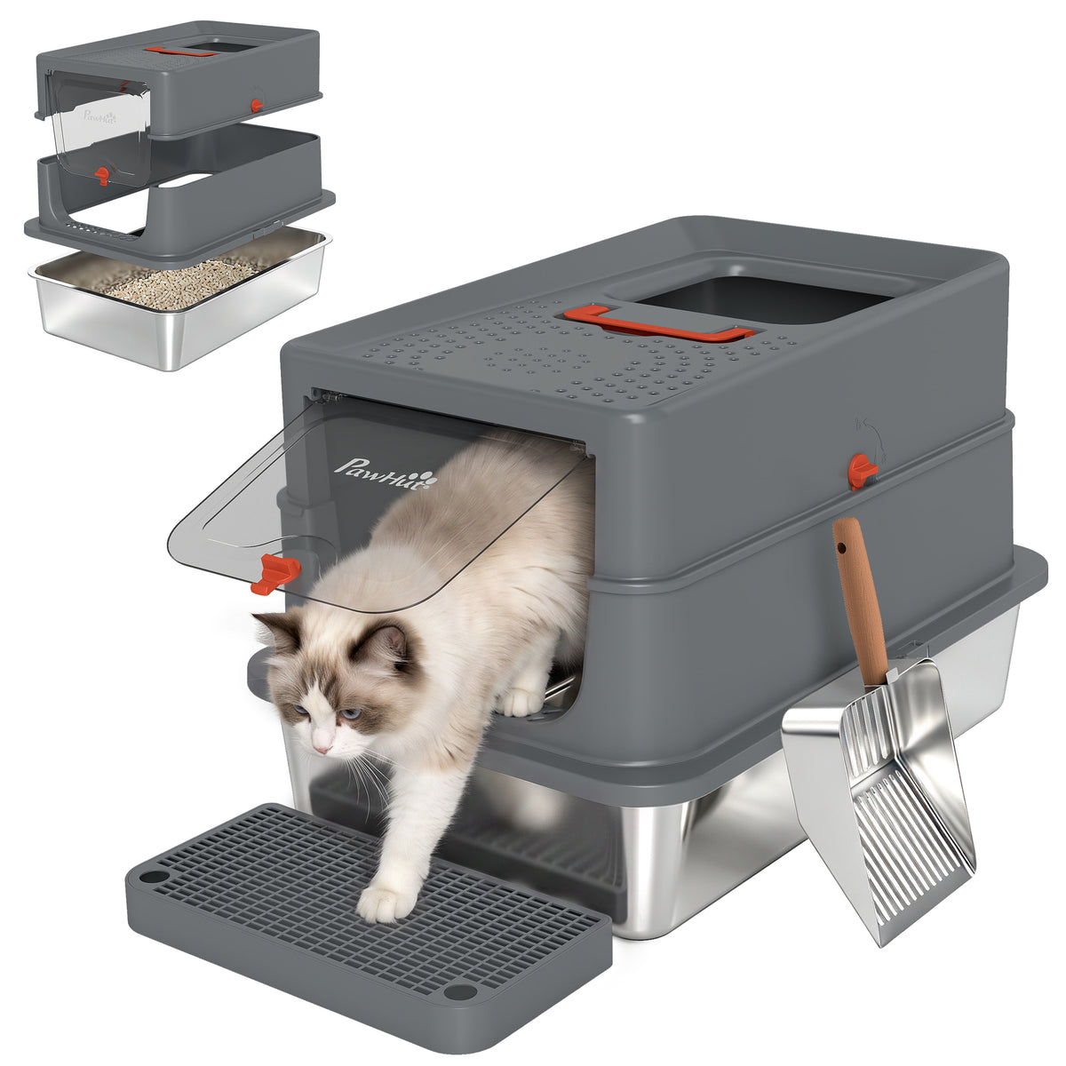 Stainless Steel Cat Litter Tray with Lid, Step, Scoop, High Side