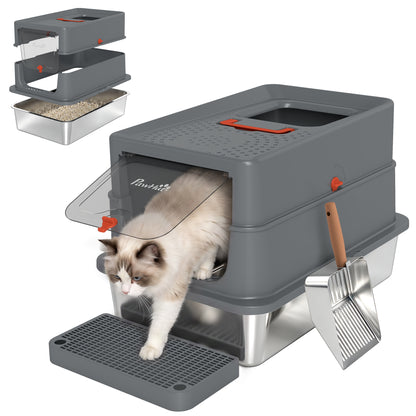 Stainless Steel Cat Litter Tray with Lid, Step, Scoop, High Side