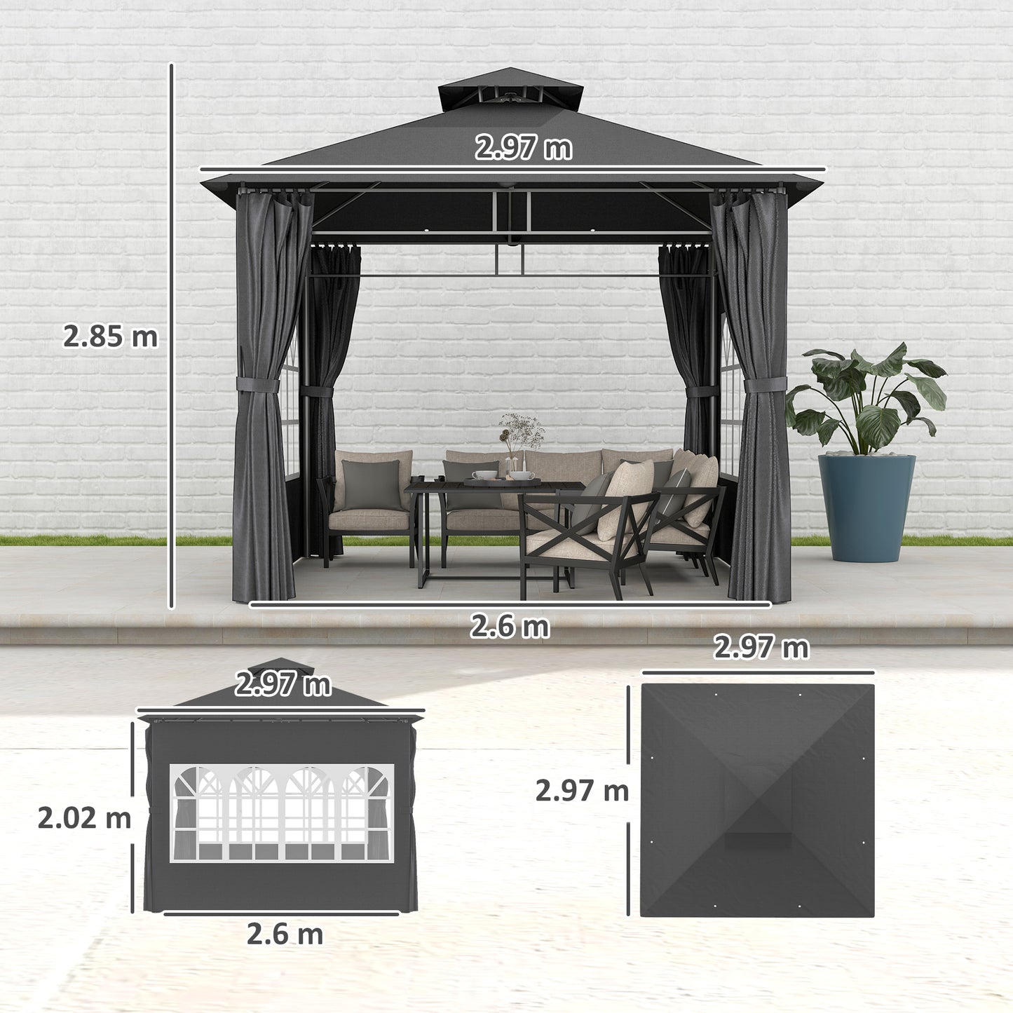 3 x 3 m Garden Gazebo, Outdoor Gazebo Canopy Shelter, Dark Grey