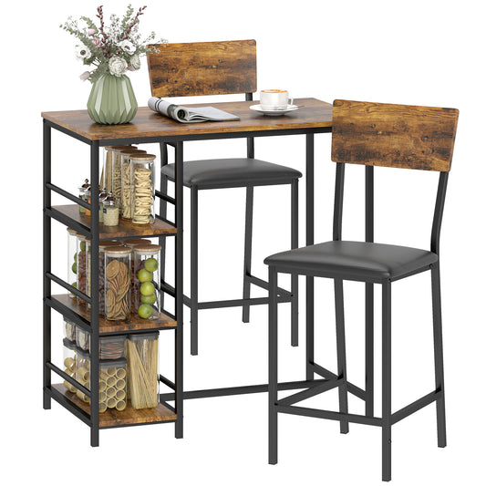 Industrial Bar Table Set with Storage and Padded Seats, Rustic Brown
