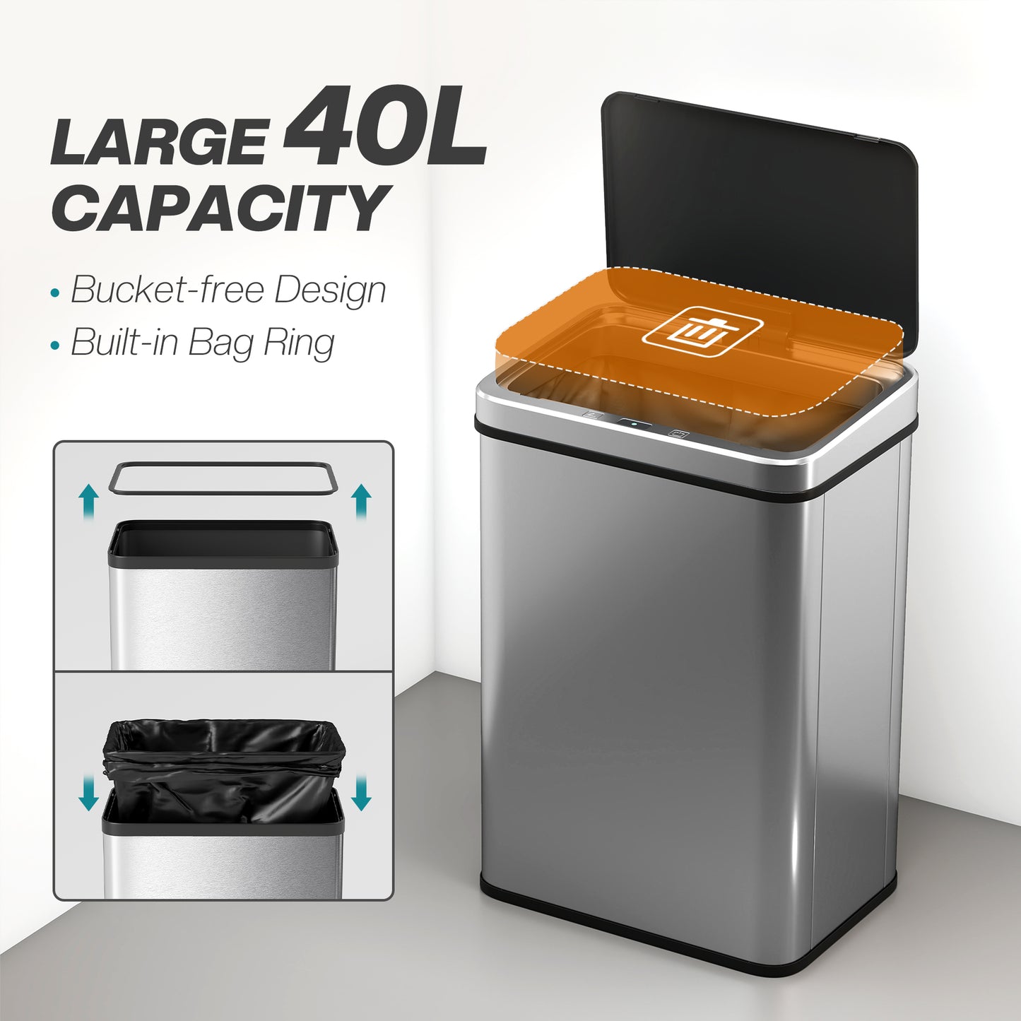 Kitchen Bin with Fast Motion Sensor, 40L Stainless Steel Sensor Bin