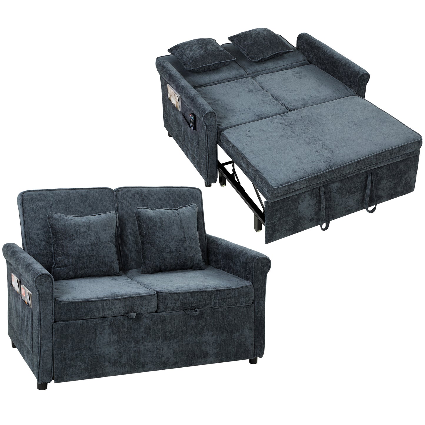 2 Seater Sofa Bed, 3-in-1 Convertible Pull Out Sofa Bed, Dark Blue