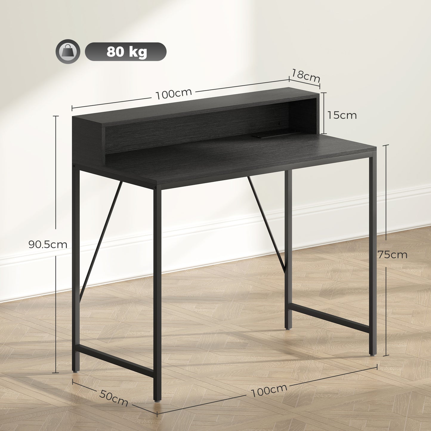 Gaming Desk with LED Lights and Power Outlets, Black Wood-Effect