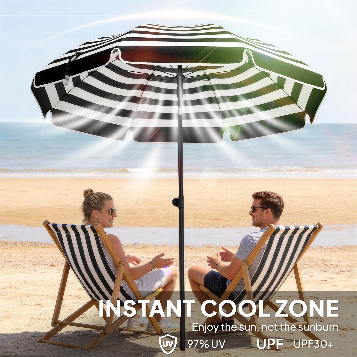 1.8 m Beach Umbrella Parasol with Sand Anchor, Tilt, Grey/White