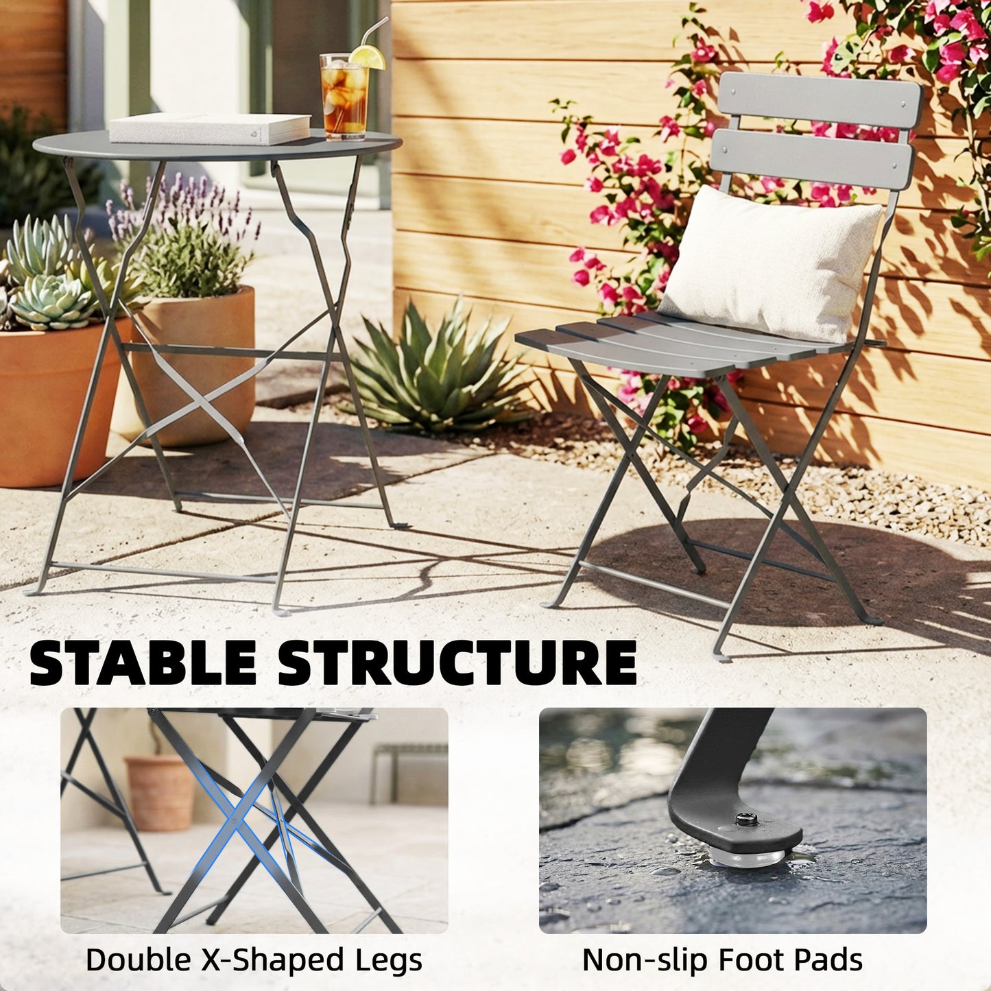 Folding Bistro Set with Round Garden Table and Chairs, Grey