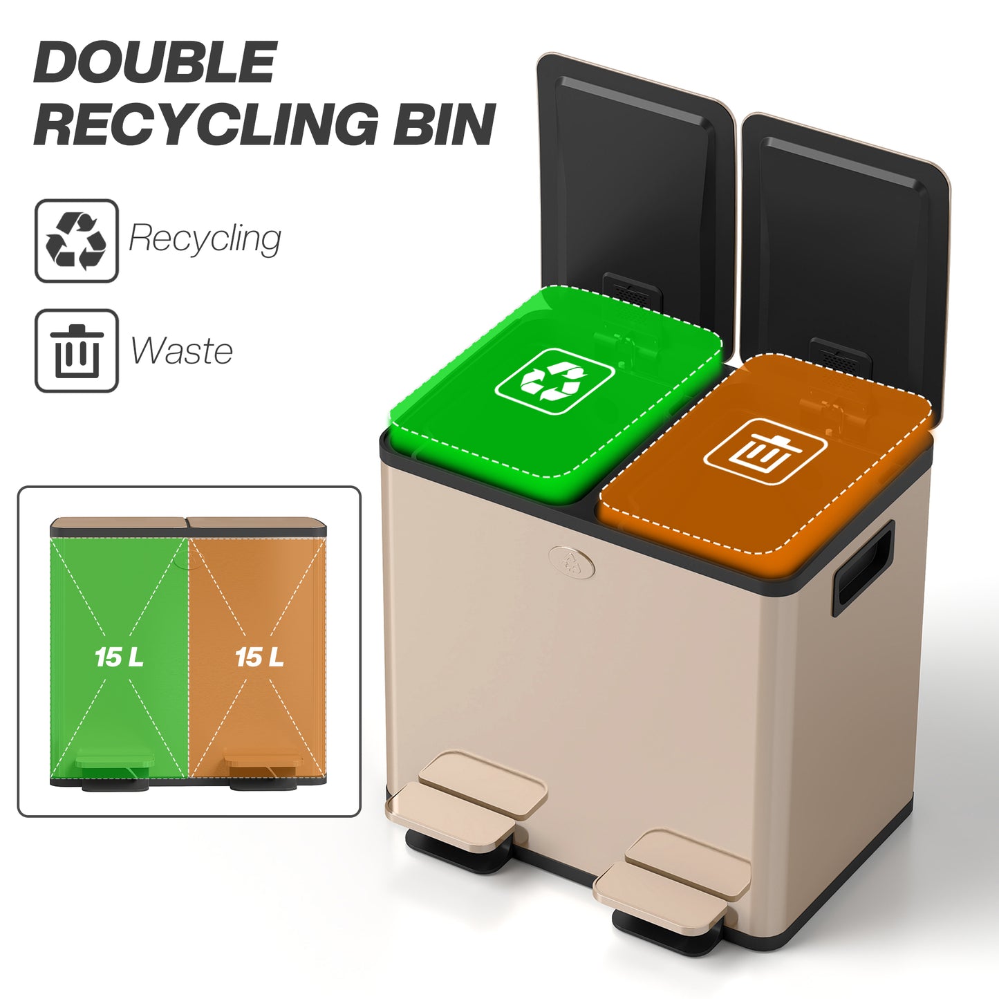 2 x 15L Dual Kitchen Bin Pedal Bin for Recycling and Waste, Gold Tone