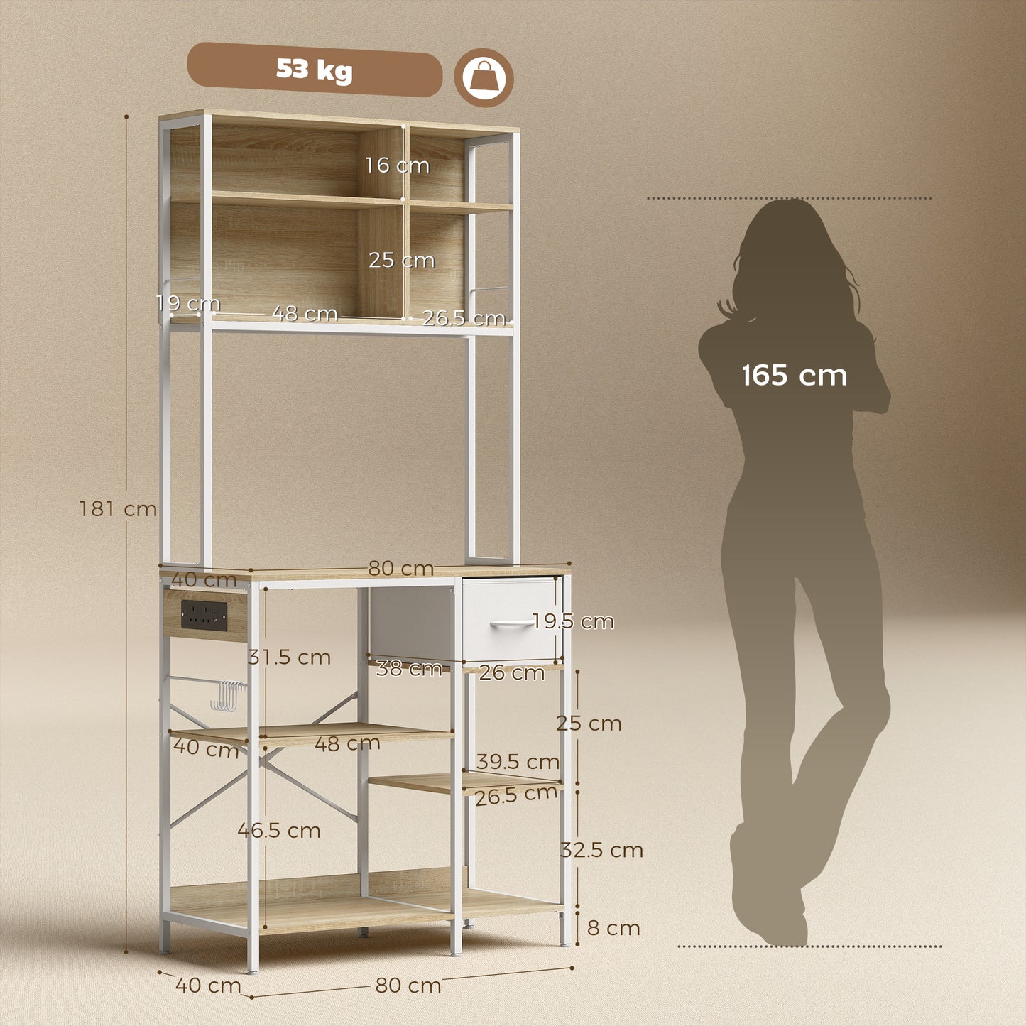 Kitchen Baker's Rack, Microwave Stand with Storage Shelves and 6 Hooks for Small Spaces, Kitchen Storage Unit for Spices, Pots and Pans, 80 x 40 x 181 cm, Oak