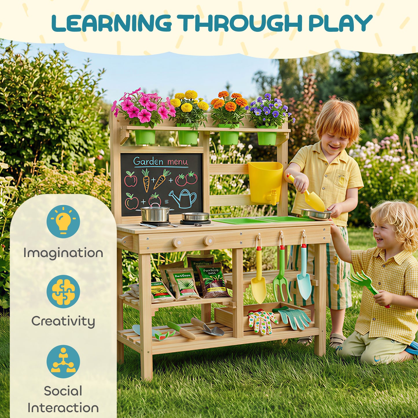 Wooden Kids Mud Kitchen with Kitchenware & Garden Tools