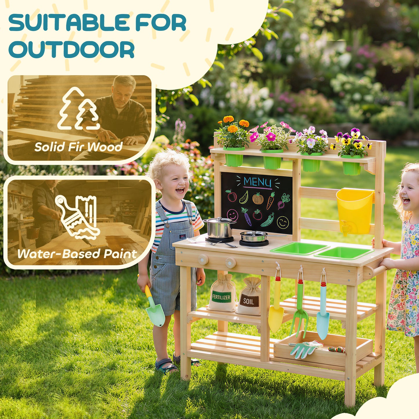 Wooden Kids Mud Kitchen with Kitchenware & Garden Tools