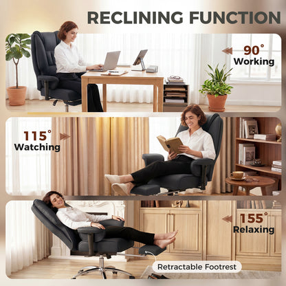 Executive Office Chair, Ergonomic Reclining Computer Desk Chair with Footrest, Adjustable Armrests, Spring Seat, High Back, Thick Cushion, Pet Friendly Faux Leather, Swivel, Black