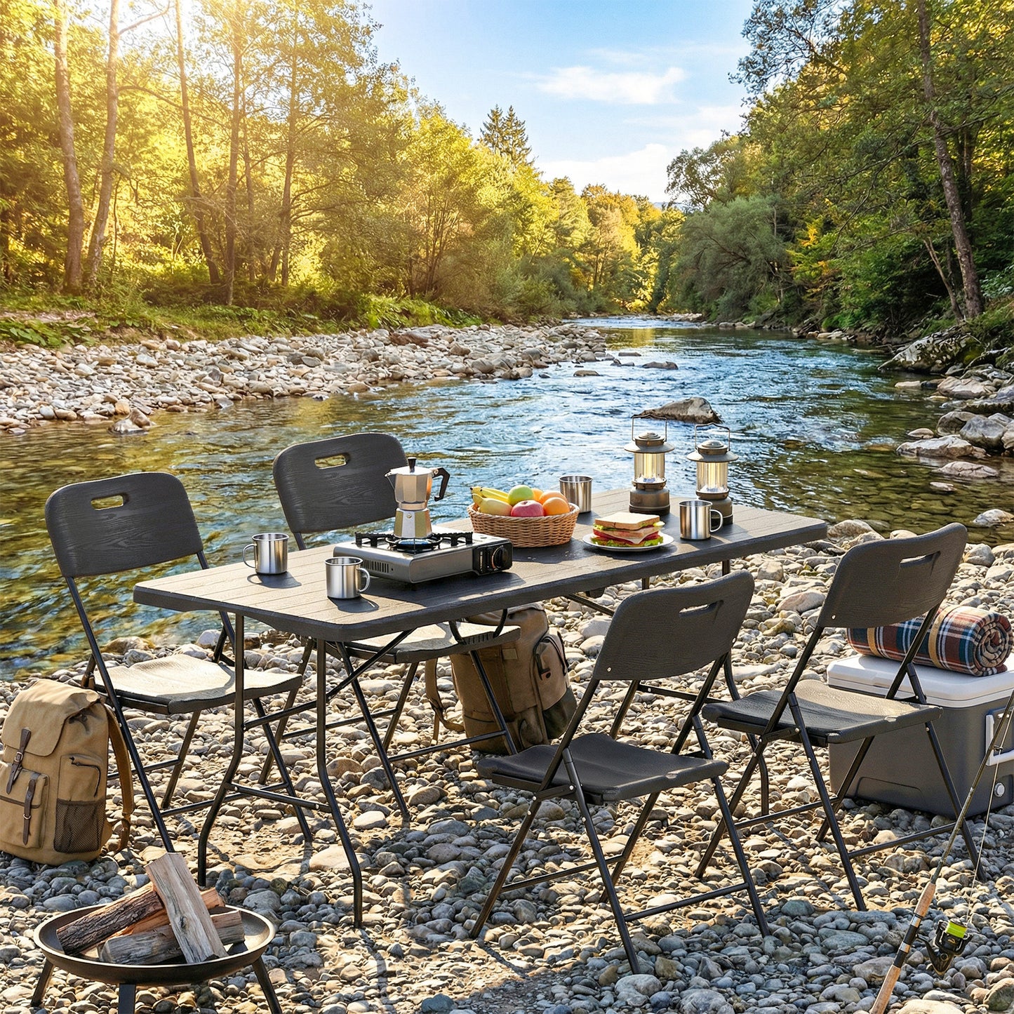 5 Piece 6ft Foldable Table and Chairs, Portable Picnic Table Set