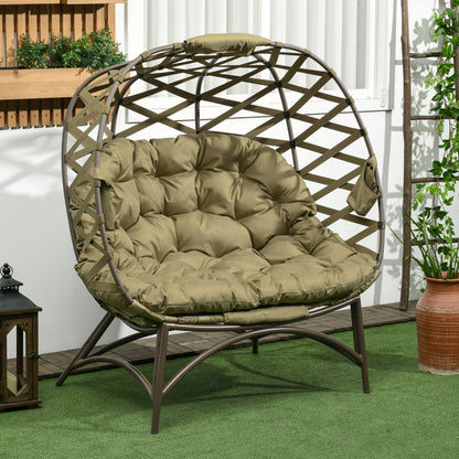 2 Seater Egg Chair Outdoor, Folding Weave Garden Furniture Chair with Cushion, Cup Pockets - Khaki