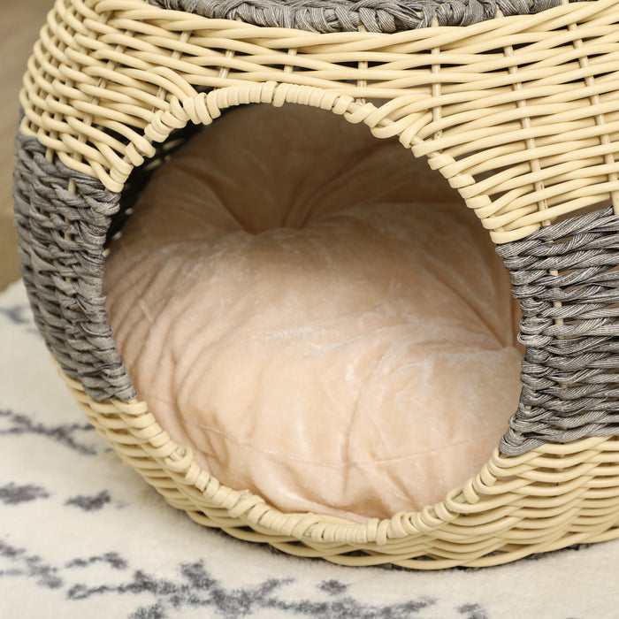 Wicker Cat House, Rattan Raised Cat Bed, Cosy Kitten Cave with Soft Washable Cushion, Φ40 x 30cm