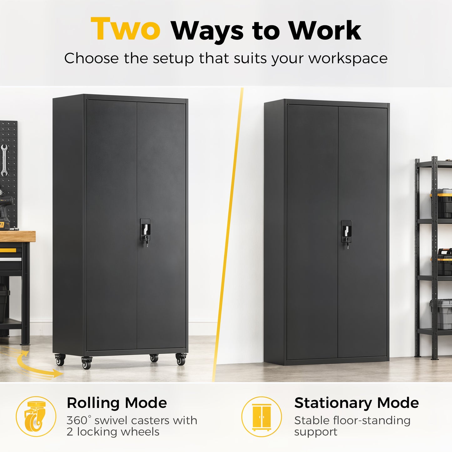 Metal Storage Cabinet with Removable Wheels and Adjustable Shelves