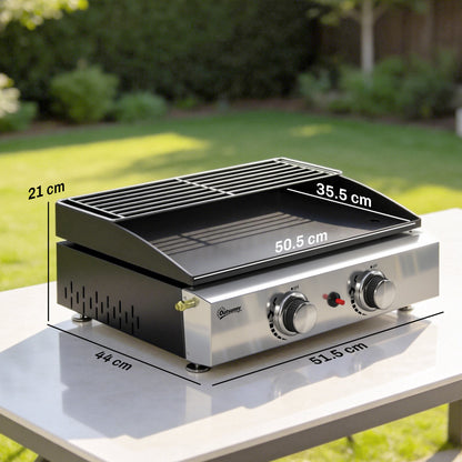 2 Burner Grill Griddle, Tabletop Gas BBQ with Grease Cup, Black
