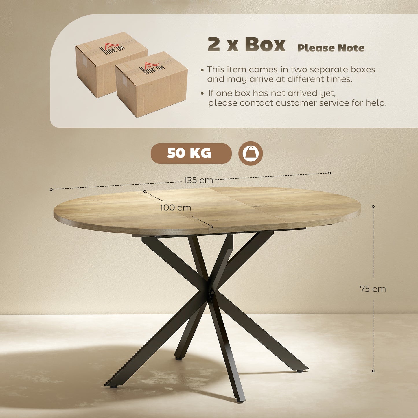 Extendable Dining Table for 4-6 with X-Shape Base, Natural Wood