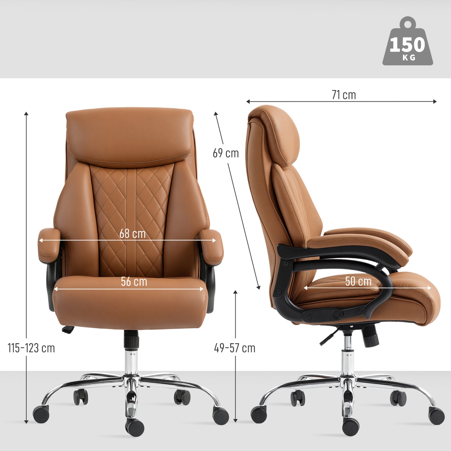PU Leather Office Chair with Spring Padding, Swivel Wheels, Brown