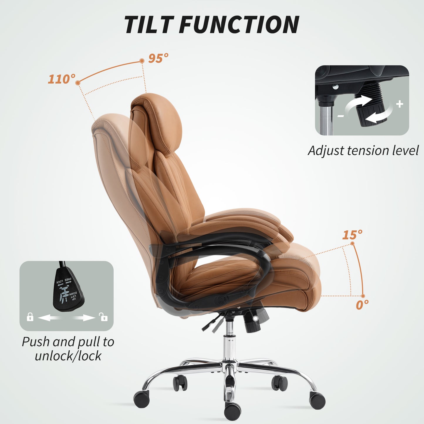 PU Leather Office Chair with Spring Padding, Swivel Wheels, Brown