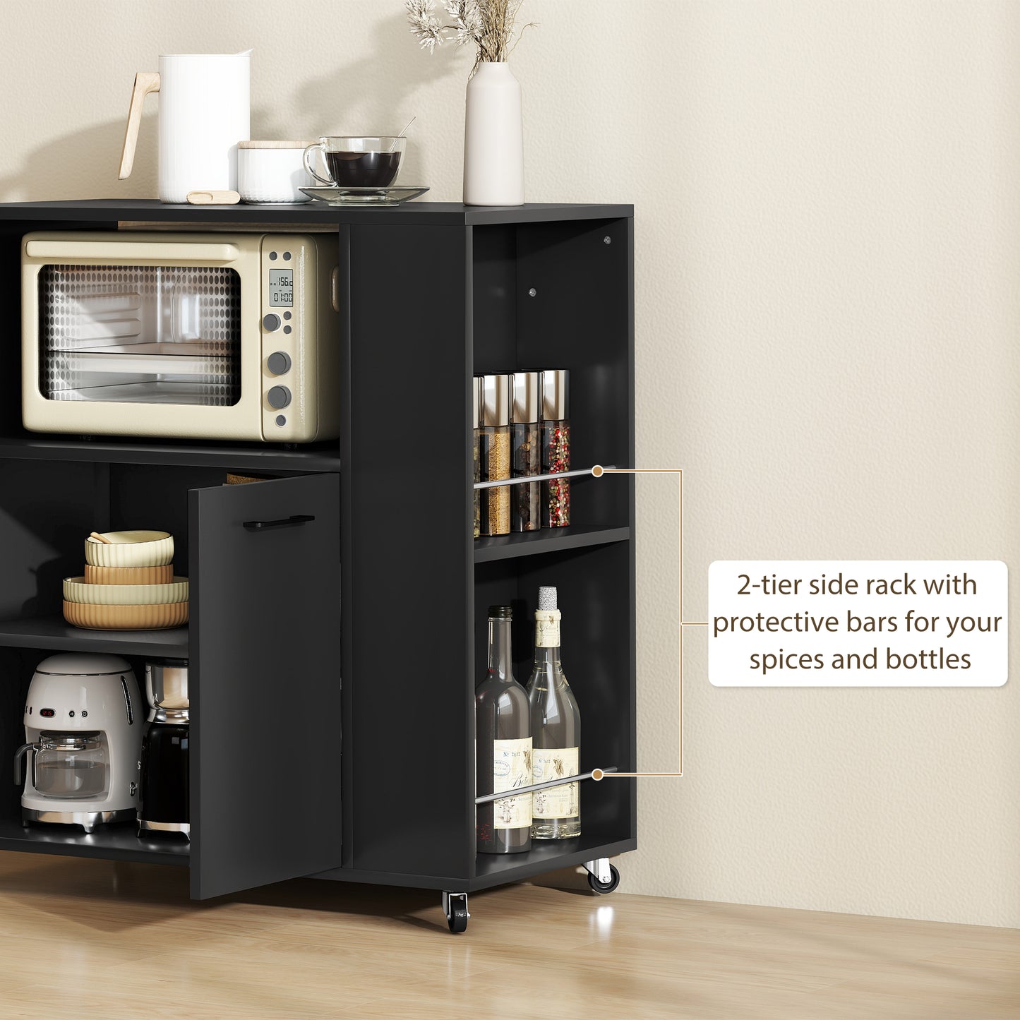Kitchen Island on Wheels with 2-Door Cabinet and Spice Rack, Black