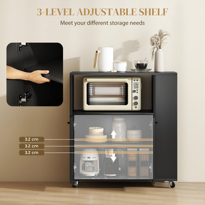 Kitchen Island on Wheels with 2-Door Cabinet and Spice Rack, Black
