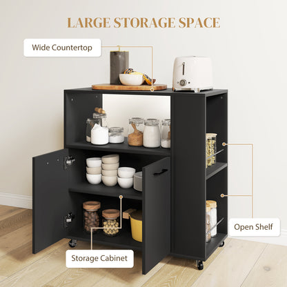 Kitchen Island on Wheels with 2-Door Cabinet and Spice Rack, Black