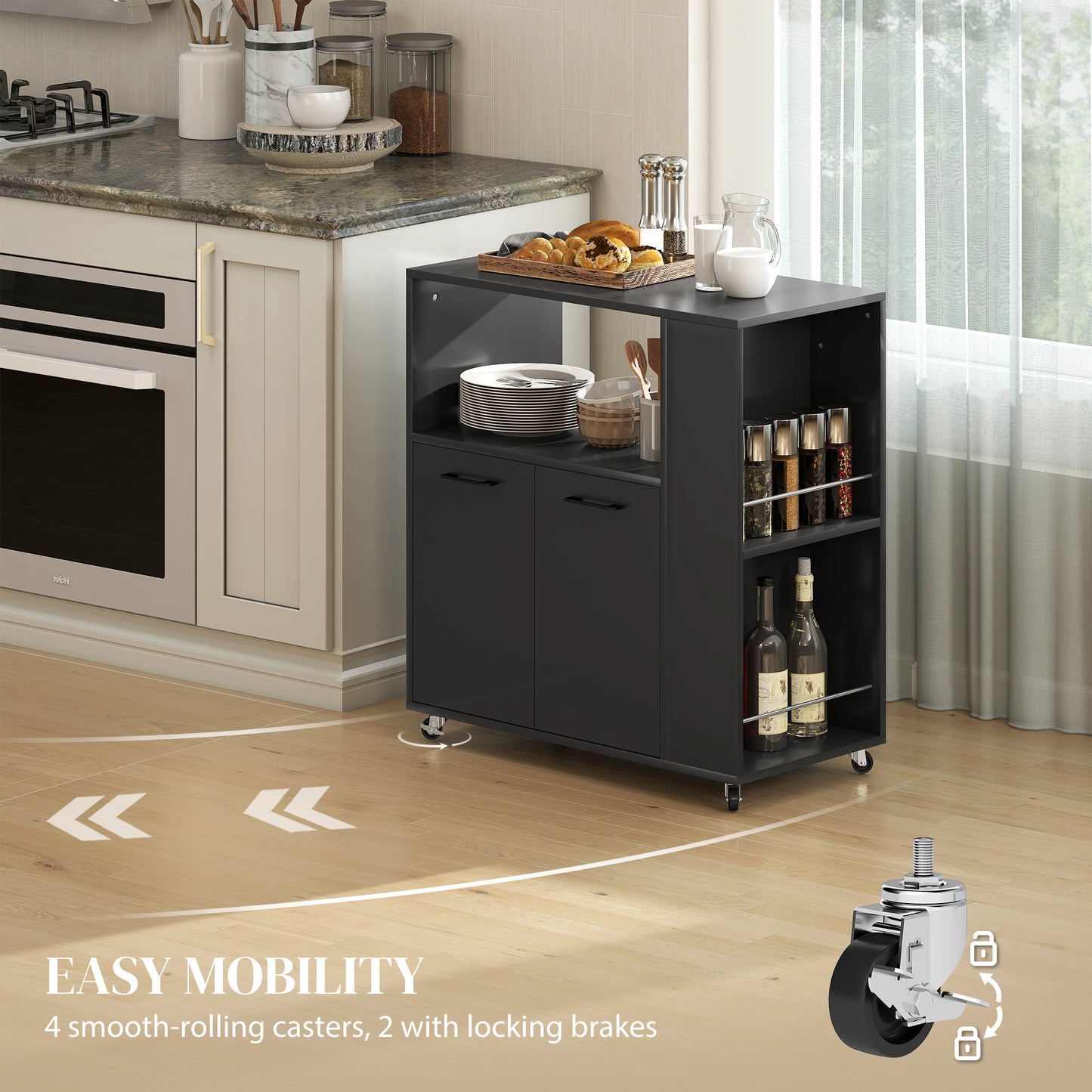 Kitchen Island on Wheels with 2-Door Cabinet and Spice Rack, Black