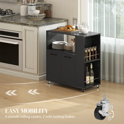 Kitchen Island on Wheels with 2-Door Cabinet and Spice Rack, Black