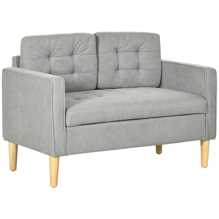 Modern 2 Seater Sofa with Hidden Storage, 117cm Tufted Cotton Couch, Compact Loveseat Sofa with Wood Legs, Grey