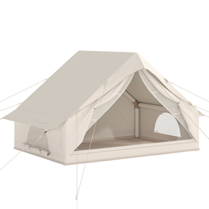 Inflatable Camping Tent with Air Pump, Easy Setup 2-4 Person Blow Up Glamping Tent, 3000mm Waterproof with Mesh Windows and Carry Bag, House Design for Family Weekend Camping, Beige