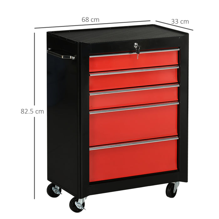 5-Drawer Tool Chest, Lockable Steel Tool Storage Cabinet with Wheels and Handle Tool Box for Garage, Workshop, Red