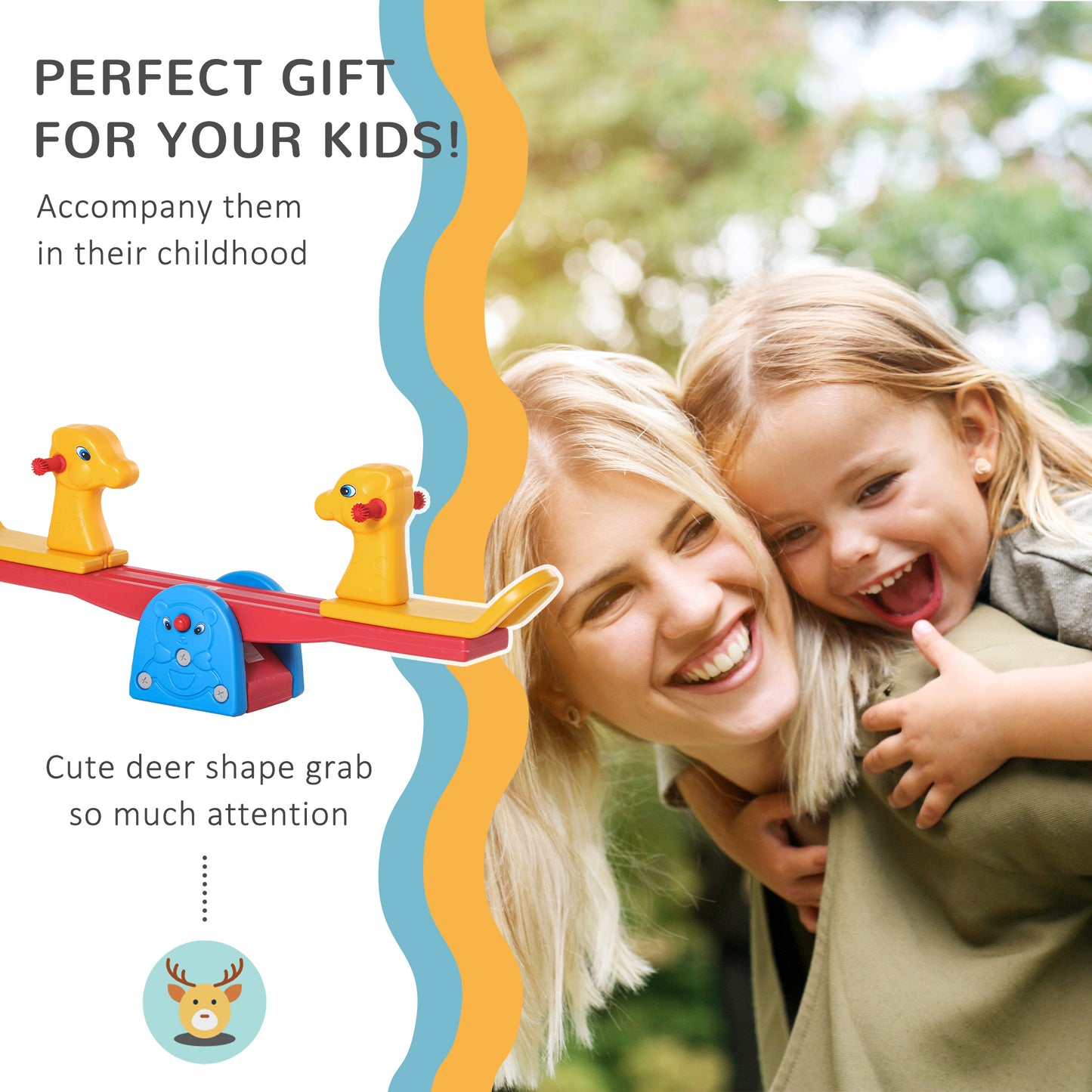 Kids Seesaw Safe Teeter Totter 2 Seats with Easy-Grip Handles Multicolor