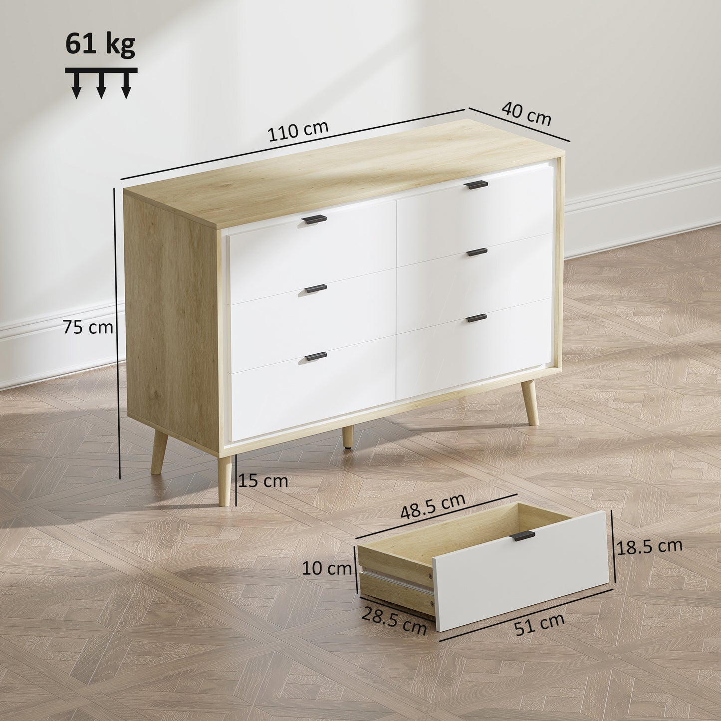 Storage Cabinet with 6 Drawers and 5 Legs, High Gloss White