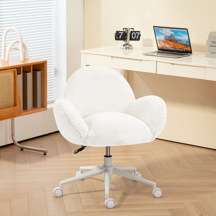 Fluffy Leisure Chair Office Chair with Backrest Wheels Cream White