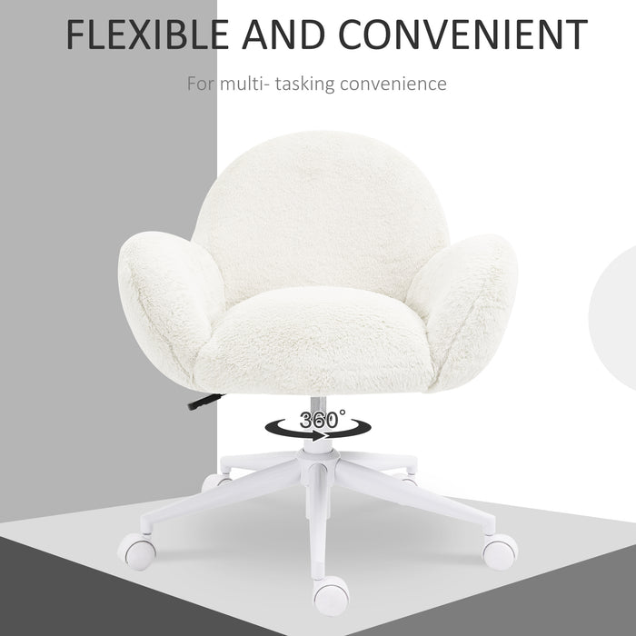 Fluffy Leisure Chair Office Chair with Backrest Wheels Cream White