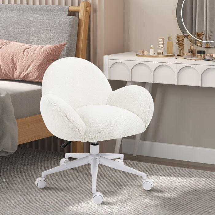 Fluffy Leisure Chair Office Chair with Backrest Wheels Cream White