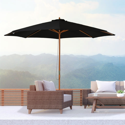 √¢¬å¬Ä3m Bamboo Wooden Market Patio Umbrella Garden Parasol Outdoor Sunshade Canopy, 8-ribs,Black