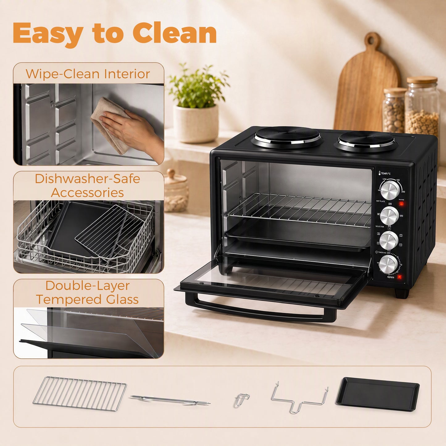 36L Mini Oven with Dual Hot Plates, Electric Countertop Cooker