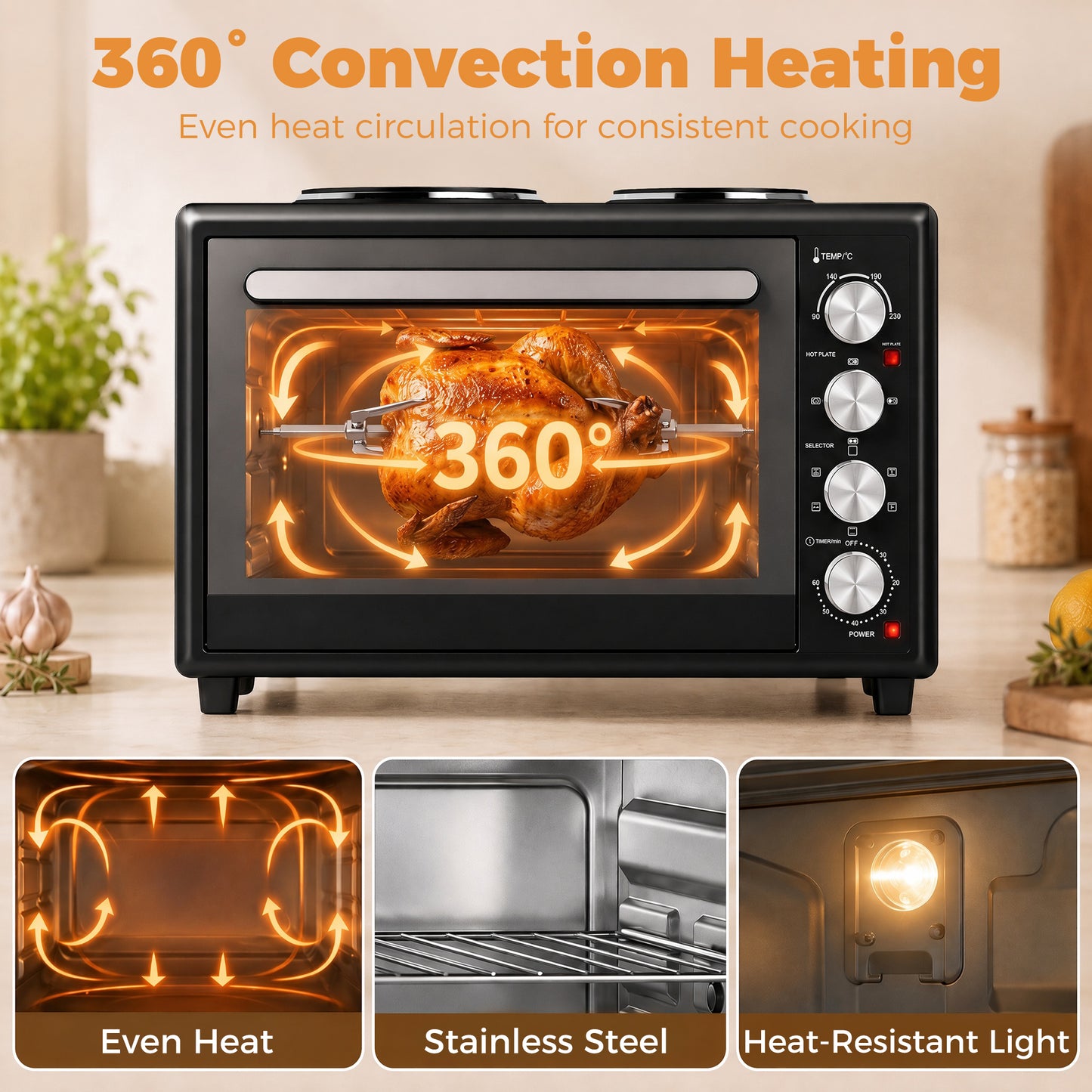 36L Mini Oven with Dual Hot Plates, Electric Countertop Cooker