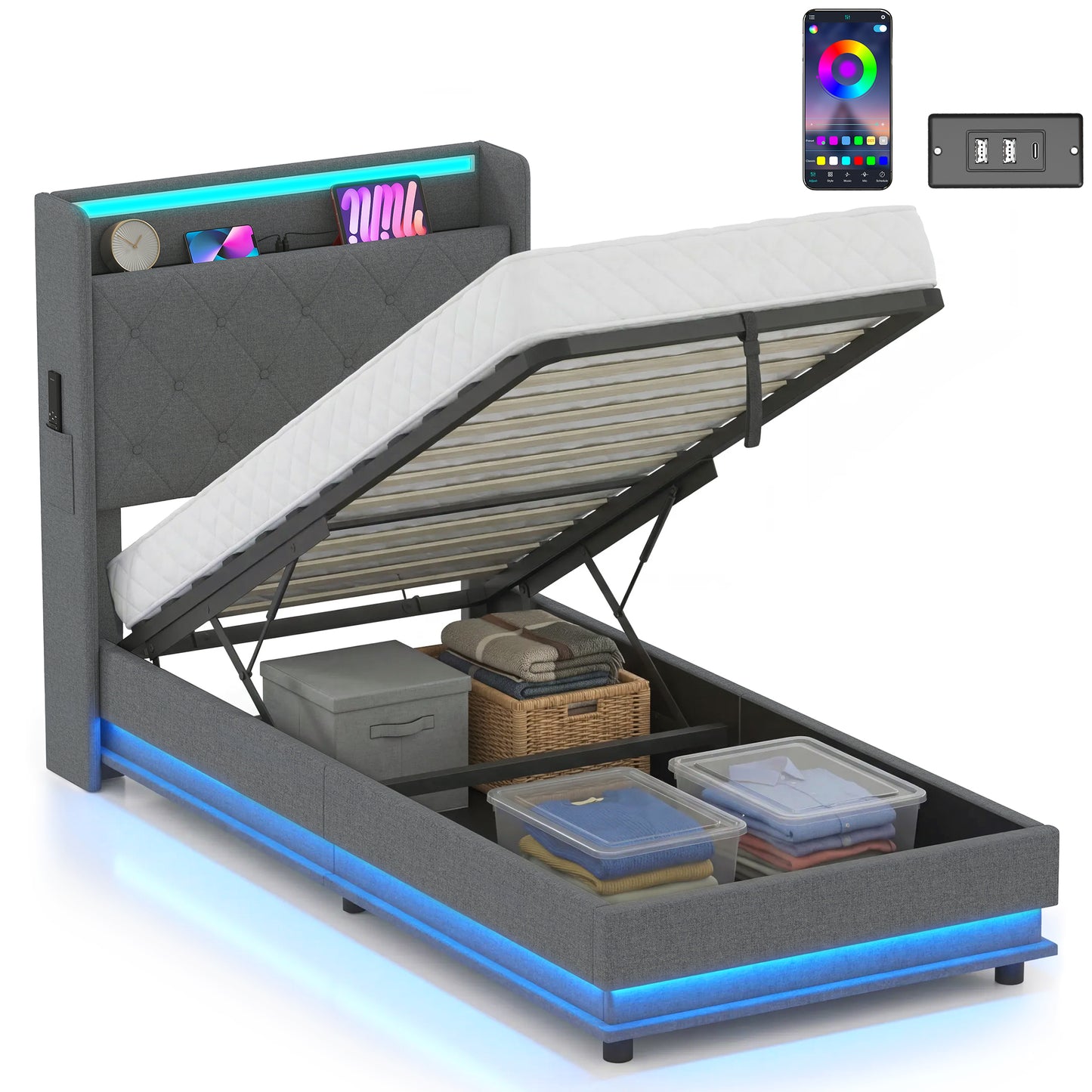 Lift up Storage Bed Frame with RGB LED Lights, 90 x 190cm, Dark Grey
