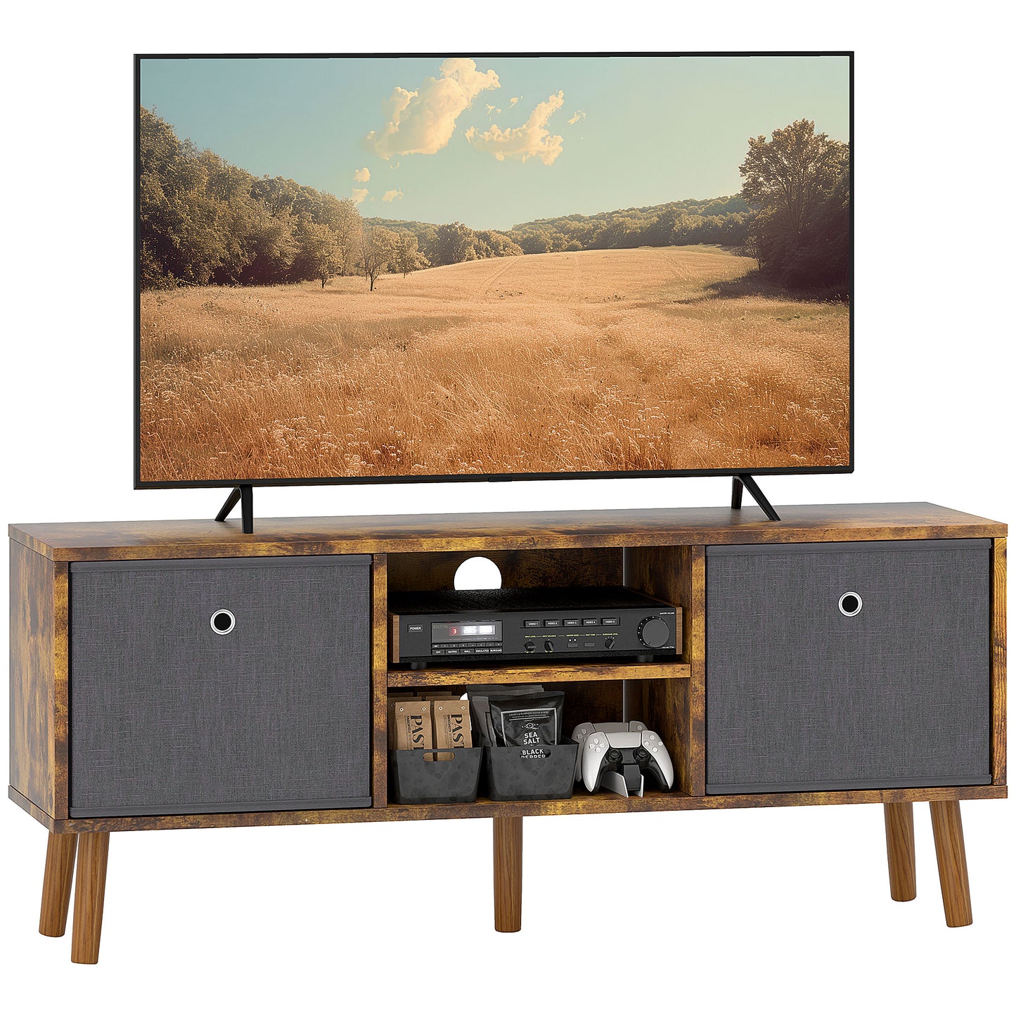 Modern TV Cabinet Stand w/ Shelves & Drawers, Bedroom Rustic Brown