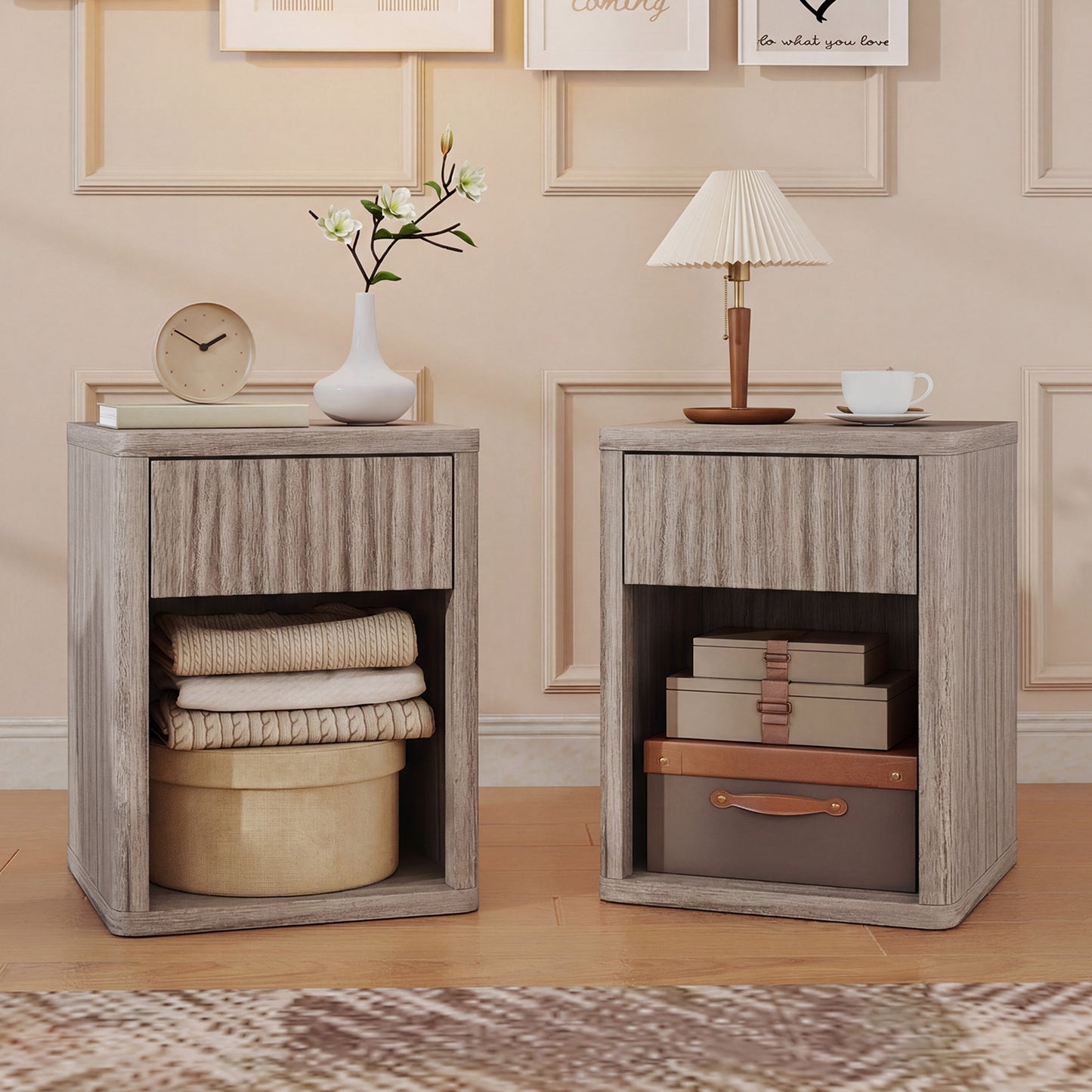 Modern Nightstand with Drawer and Open Shelf, Set of 2, Oak
